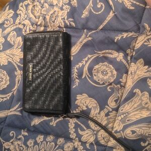 Cole Haan Black Woven Leather Zip Around Wallet 4x7 with Gold Hardware